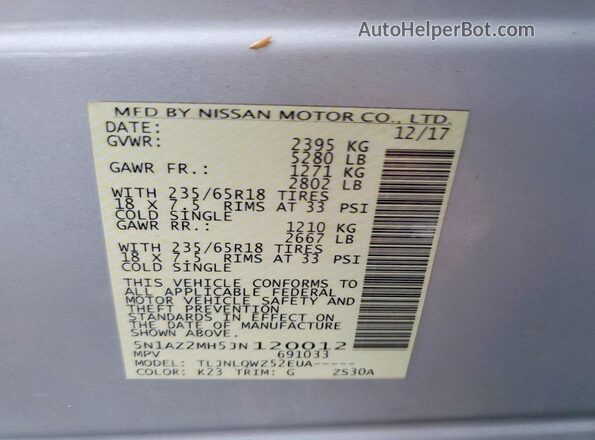 5N1AZ2MH5JN120012 2018 NISSAN MURANO Silver VIN კოდის სტიკერის ხედი