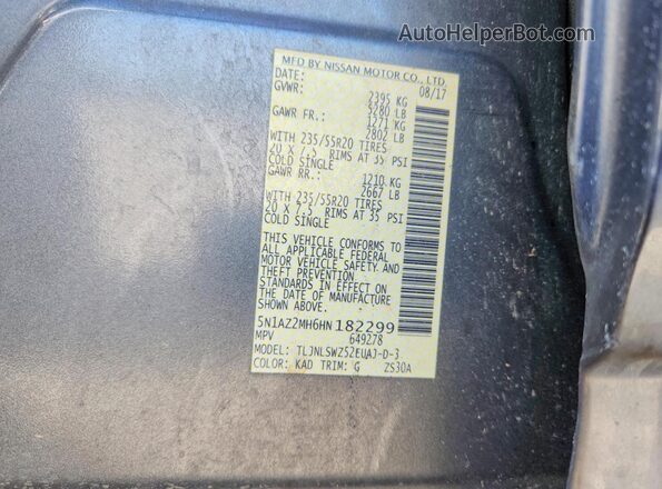 5N1AZ2MH6HN182299 2017 NISSAN MURANO Gray VIN sticker view