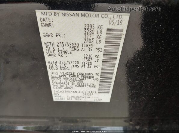 5N1AZ2MS4KN141981 2019 NISSAN MURANO Black Vista del compartimento del motor