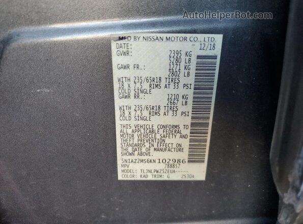 5N1AZ2MS6KN102986 2019 NISSAN MURANO Gray VIN კოდის სტიკერის ხედი