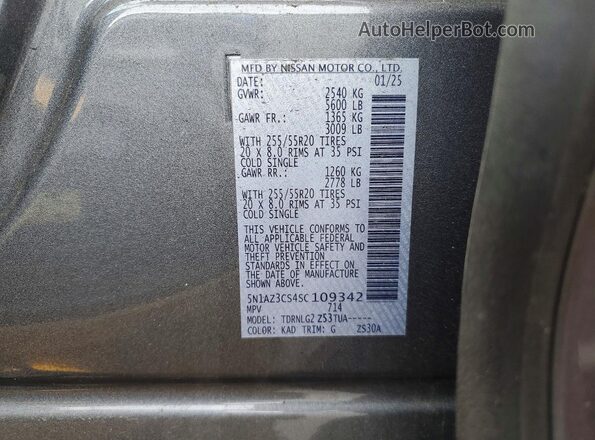 5N1AZ3CS4SC109342 2025 NISSAN MURANO Gray Widok naklejki z numerem VIN