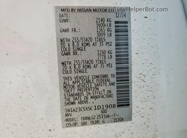 5N1AZ3CSXSC101908 2025 NISSAN MURANO White Vista de la etiqueta del VIN