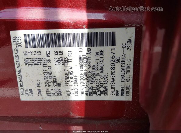 5N1BT3AA5PC802671 2023 NISSAN ROGUE Red 