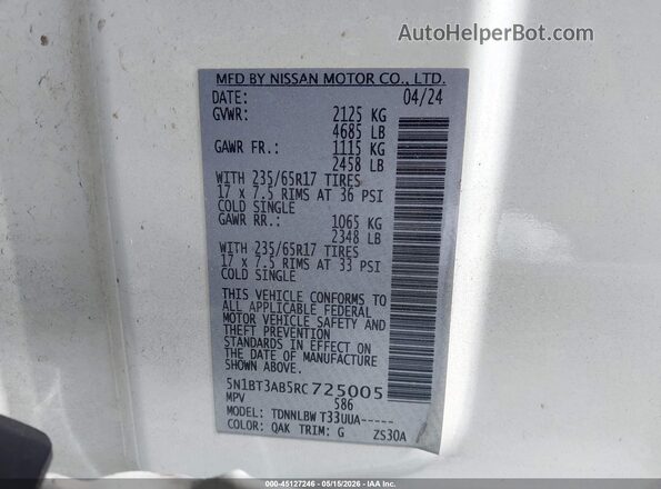 5N1BT3AB5RC725005 2024 NISSAN ROGUE White Vista del compartimento del motor