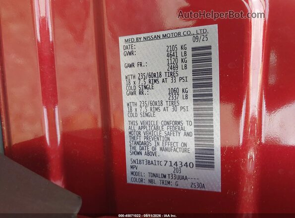 5N1BT3BA1TC714340 2026 NISSAN ROGUE Maroon Vista del compartimento del motor