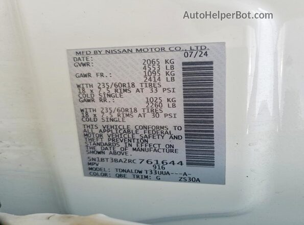 5N1BT3BA2RC761644 2024 NISSAN ROGUE White Vista de la etiqueta del VIN