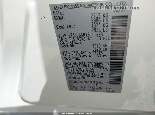5N1DL0MM2HC521622 2017 INFINITI QX60 White Вид підкапотного простору