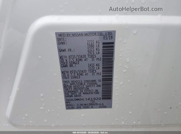 5N1DL0MM2KC561920 2019 INFINITI QX60 White Engine compartment view