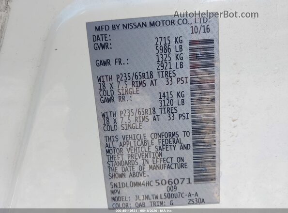 5N1DL0MM4HC506071 2017 INFINITI QX60 White 