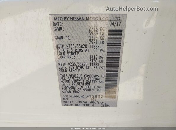 5N1DL0MM5HC545932 2017 INFINITI QX60 White Vista del compartimento del motor