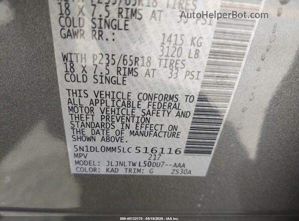 5N1DL0MM5LC516116 2020 INFINITI QX60 Gray Շարժիչի բաժամունքի տեսք