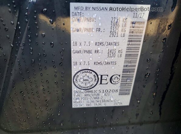 5N1DL0MM6JC510208 2018 INFINITI QX60 Blue VIN sticker view