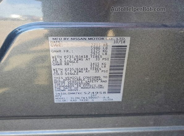 5N1DL0MM7KC524958 2019 INFINITI QX60 Gray VIN sticker view