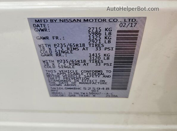 5N1DL0MM8HC525948 2017 INFINITI QX60 White VIN կոդի պիտակի տեսք