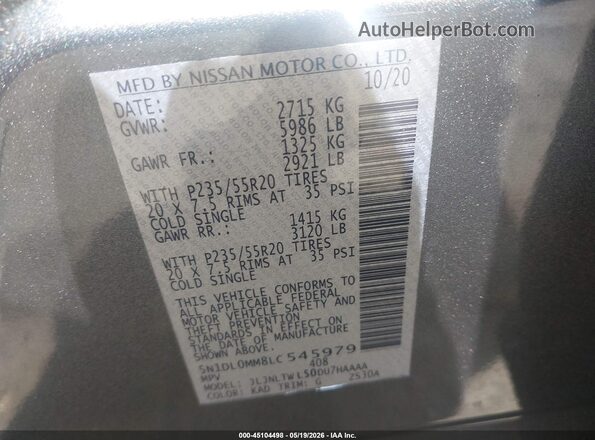 5N1DL0MM8LC545979 2020 INFINITI QX60 Серый Вид подкапотного пространства