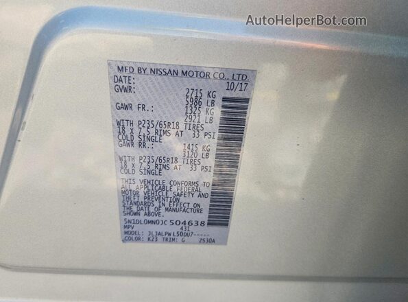 5N1DL0MN0JC504638 2018 INFINITI QX60 Silver VIN კოდის სტიკერის ხედი