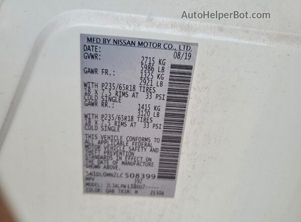 5N1DL0MN2LC508399 2020 INFINITI QX60 White Engine compartment view