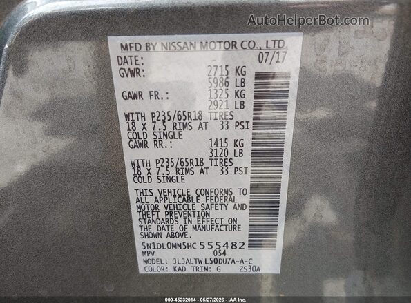 5N1DL0MN5HC555482 2017 INFINITI QX60 Gray Вид підкапотного простору