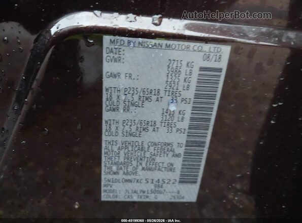 5N1DL0MN7KC514522 2019 INFINITI QX60 Maroon Vista del compartimento del motor