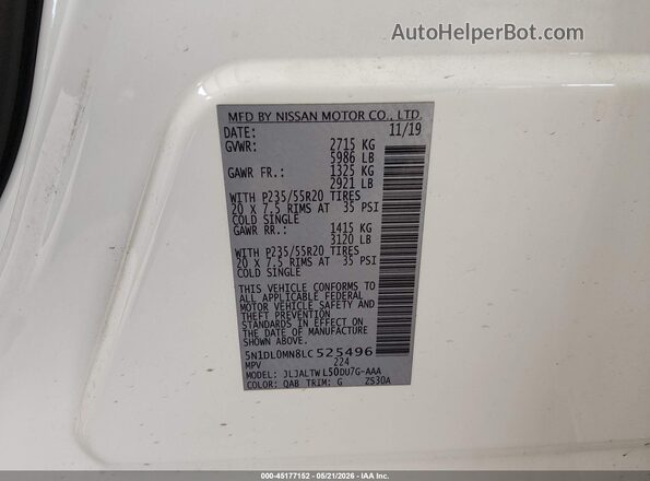 5N1DL0MN8LC525496 2020 INFINITI QX60 White Вид підкапотного простору