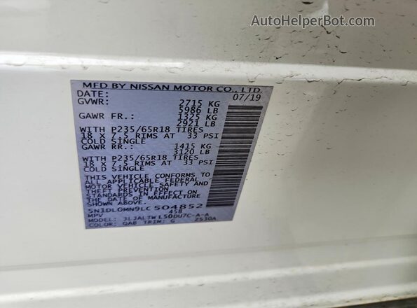 5N1DL0MN9LC504852 2020 INFINITI QX60 White 