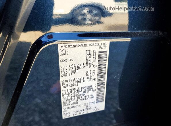 5N1DL0MNXLC533776 2020 INFINITI QX60 Blue Vista interior de 360 grados