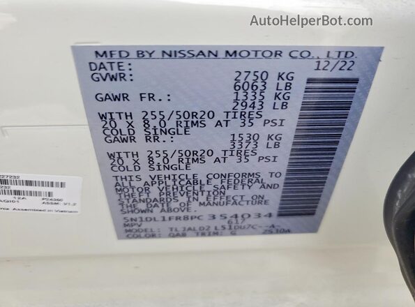 5N1DL1FR8PC354034 2023 INFINITI QX60 White VIN კოდის სტიკერის ხედი
