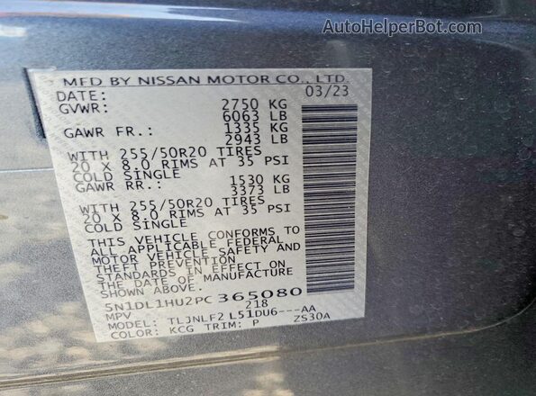 5N1DL1HU2PC365080 2023 INFINITI QX60 Gray Vista de la etiqueta del VIN