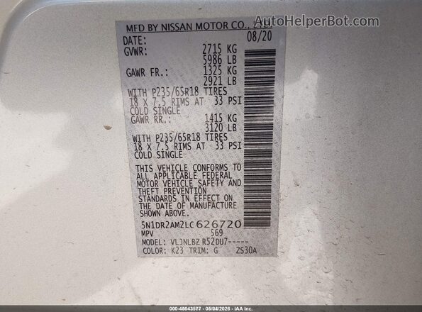 5N1DR2AM2LC626720 2020 NISSAN PATHFINDER Silver Vista del compartimento del motor