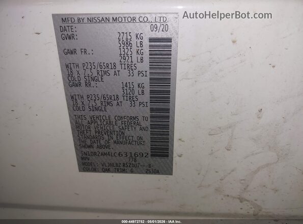5N1DR2AM4LC631692 2020 NISSAN PATHFINDER White Engine compartment view