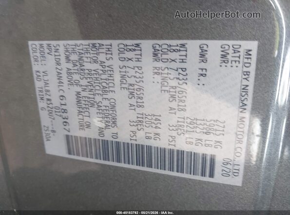 5N1DR2AN4LC618367 2020 NISSAN PATHFINDER Черный Вид подкапотного пространства