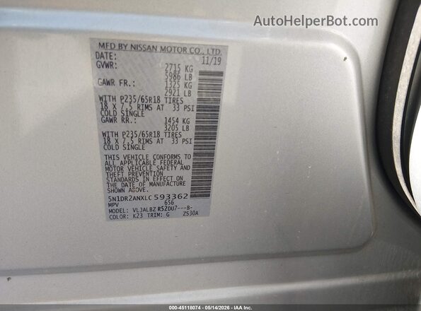 5N1DR2ANXLC593362 2020 NISSAN PATHFINDER Silver Vista del compartimento del motor
