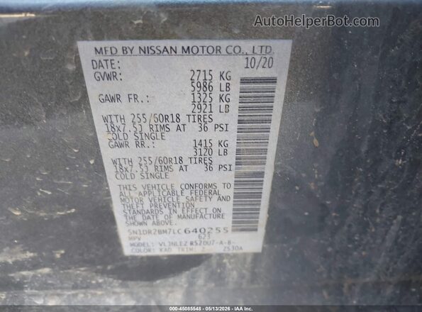 5N1DR2BM7LC640255 2020 NISSAN PATHFINDER Gray Widok komory silnika