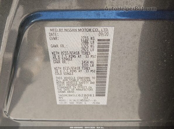 5N1DR2BN5LC628081 2020 NISSAN PATHFINDER Серый Вид подкапотного пространства