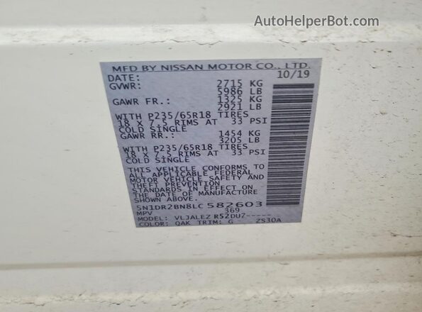5N1DR2BN8LC582603 2020 NISSAN PATHFINDER White VIN կոդի պիտակի տեսք