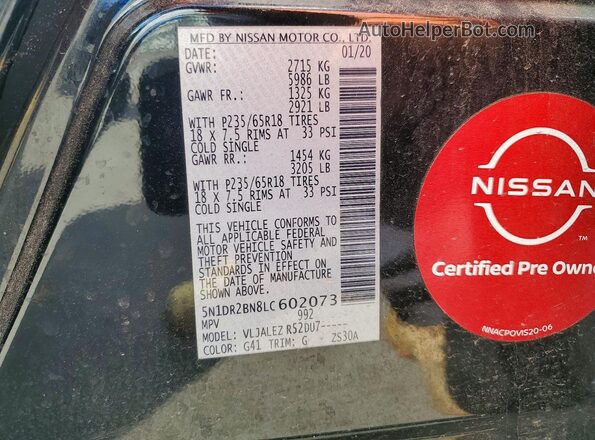 5N1DR2BN8LC602073 2020 NISSAN PATHFINDER Black VIN კოდის სტიკერის ხედი