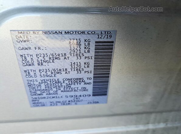 5N1DR2CM1LC599409 2020 NISSAN PATHFINDER Silver Vista de la etiqueta del VIN
