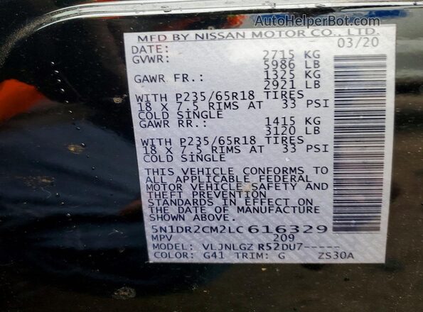 5N1DR2CM2LC616329 2020 NISSAN PATHFINDER Black VIN կոդի պիտակի տեսք