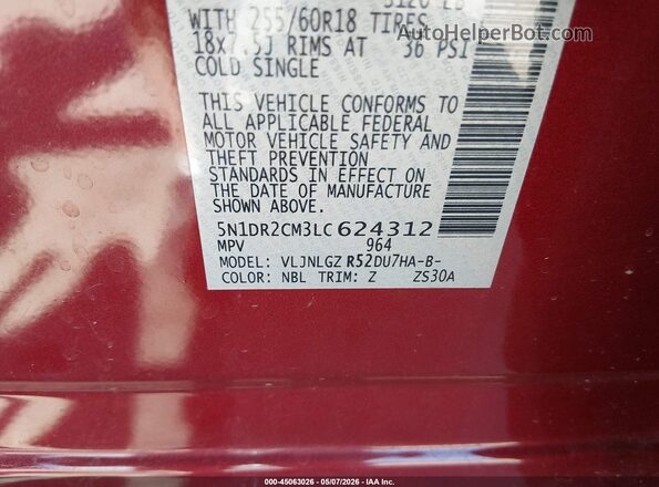 5N1DR2CM3LC624312 2020 NISSAN PATHFINDER Red ძრავის განყოფილების ხედი