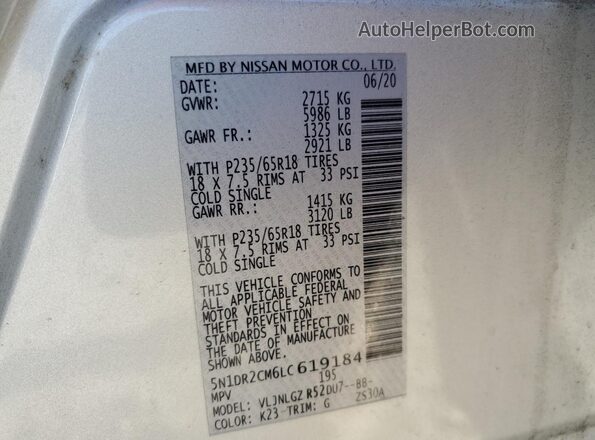 5N1DR2CM6LC619184 2020 NISSAN PATHFINDER Silver VIN կոդի պիտակի տեսք