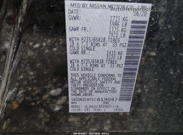 5N1DR2CM7LC619047 2020 NISSAN PATHFINDER Black ძრავის განყოფილების ხედი