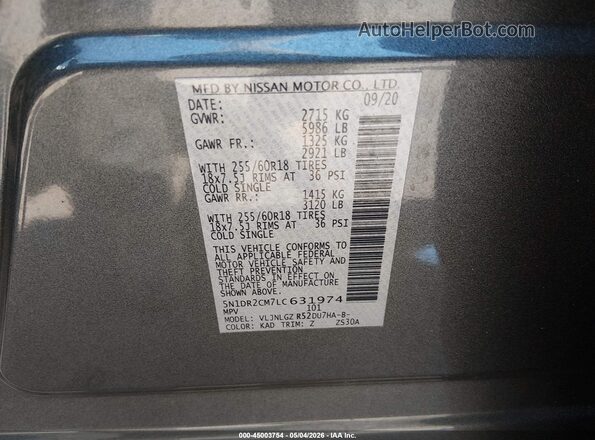 5N1DR2CM7LC631974 2020 NISSAN PATHFINDER Gray Շարժիչի բաժամունքի տեսք