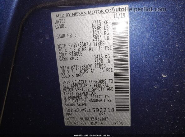5N1DR2DM5LC592218 2020 NISSAN PATHFINDER Blue Engine compartment view