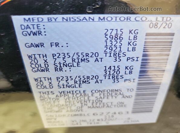 5N1DR2DM8LC627463 2020 NISSAN PATHFINDER Black 
