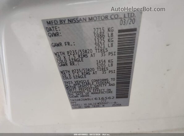 5N1DR2DN9LC616562 2020 NISSAN PATHFINDER White Vista del compartimento del motor