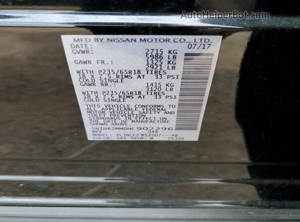 5N1DR2MM0HC902296 2017 NISSAN PATHFINDER Black VIN sticker view