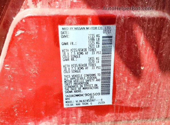 5N1DR2MM0HC906509 2017 NISSAN PATHFINDER Red VIN sticker view