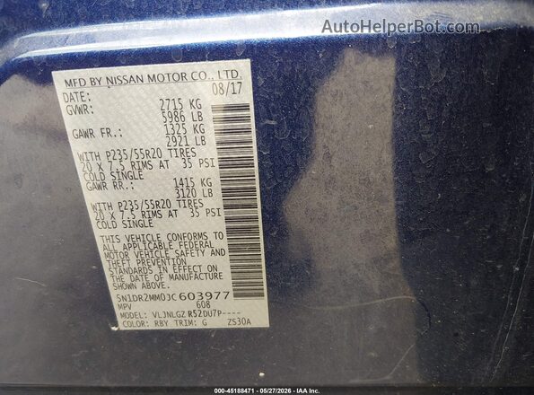 5N1DR2MM0JC603977 2018 NISSAN PATHFINDER Blue ძრავის განყოფილების ხედი