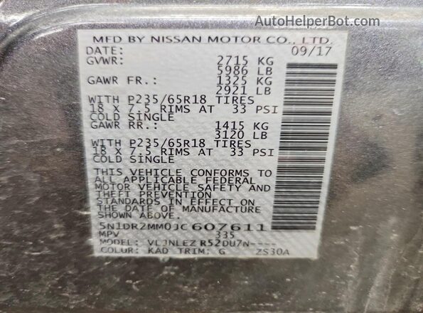 5N1DR2MM0JC607611 2018 NISSAN PATHFINDER Gray Vista de la etiqueta del VIN