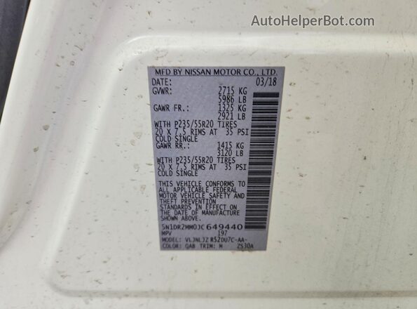 5N1DR2MM0JC649440 2018 NISSAN PATHFINDER White VIN კოდის სტიკერის ხედი